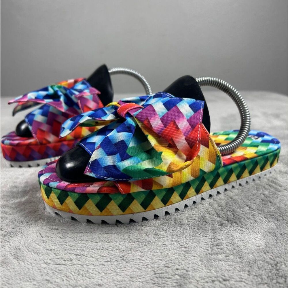 NEW Women’s Mexican Sandals US 8 MX 25 Rainbow Bow Platform Slides Multicolor